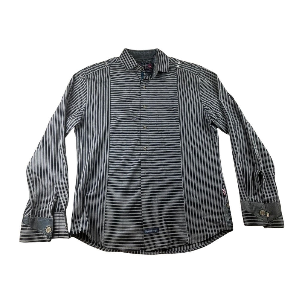 Y2K English Laundry Button-Up Shirt Men M Black‎ Striped Embroidered Rockabilly